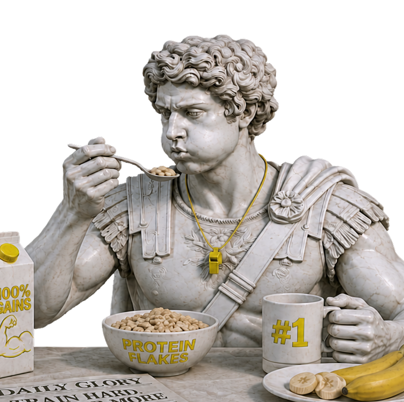 Marble statue of a warrior eating a bowl of Protein Flakes cereal with a number-one mug