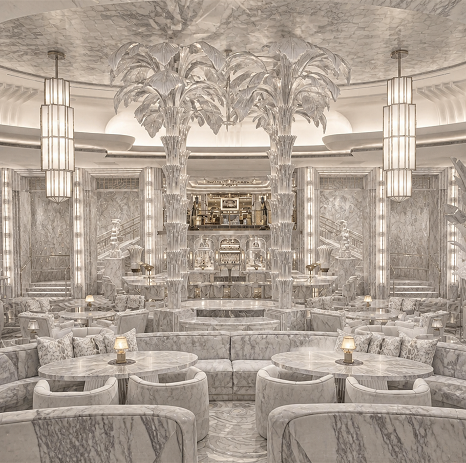 Marble rendering of the Delilah supper club interior with palm trees and round booths
