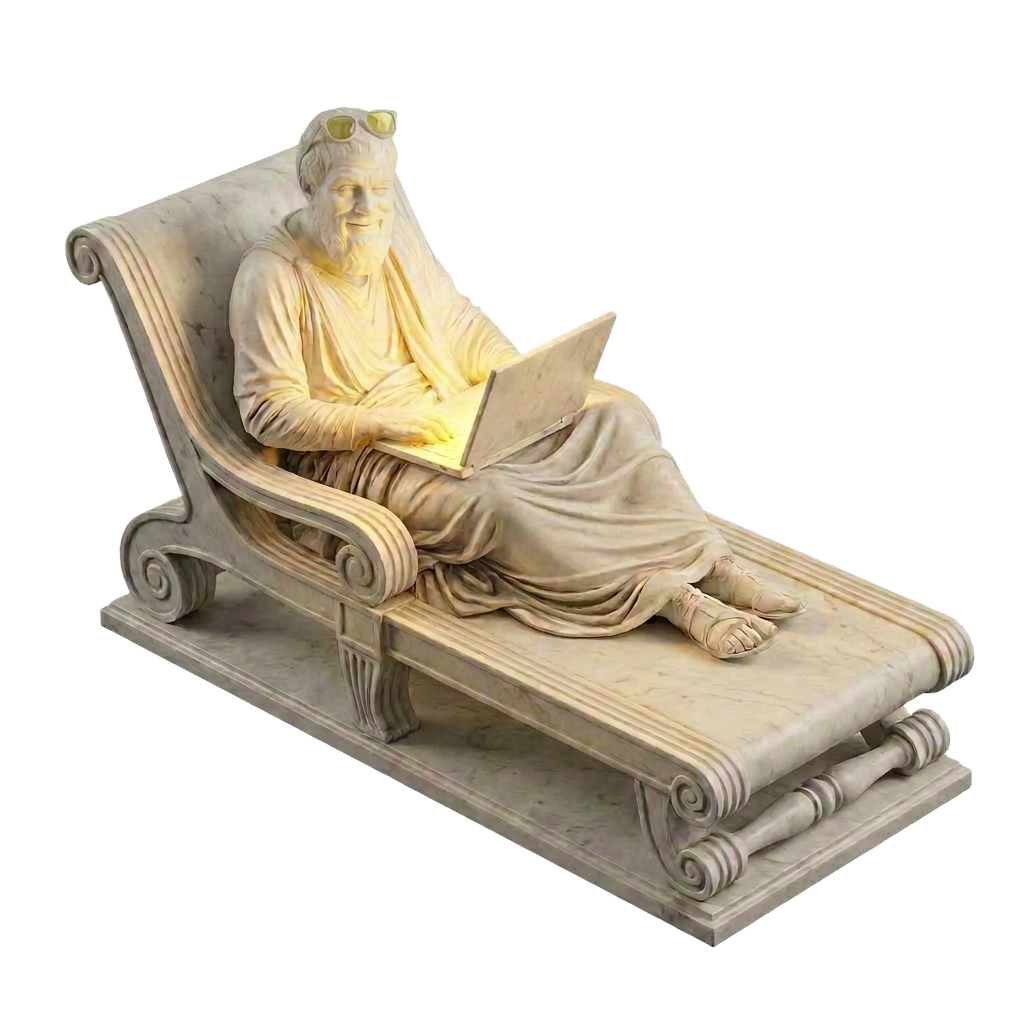Marble statue reclining on a chaise, working on a glowing laptop