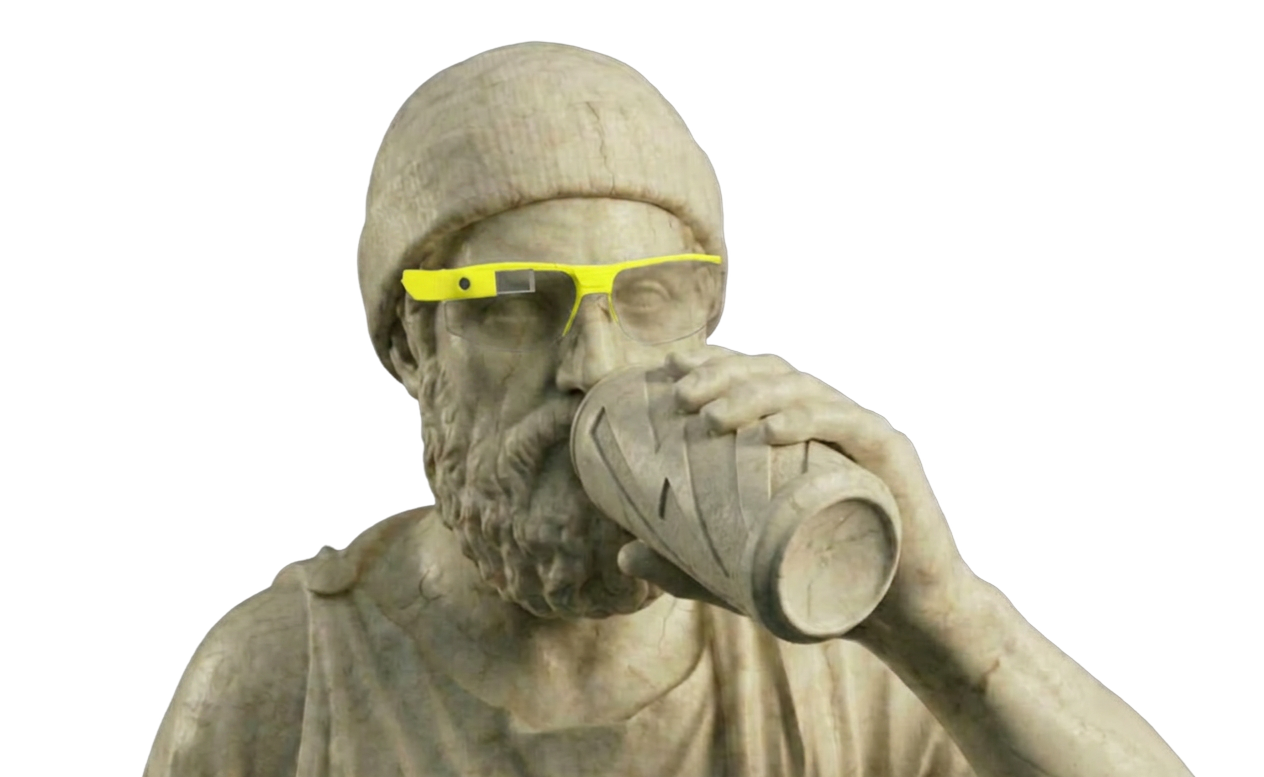 Marble statue wearing smart glasses, drinking an energy drink