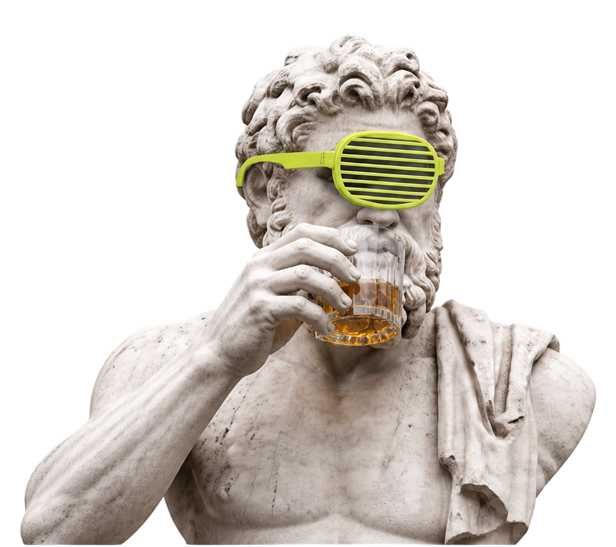 Marble statue in shutter shades drinking a glass of whiskey